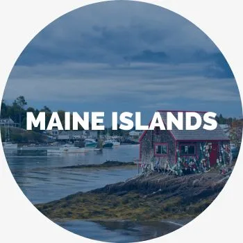 An image of a Maine island in the background with the words Maine Islands in bold letters