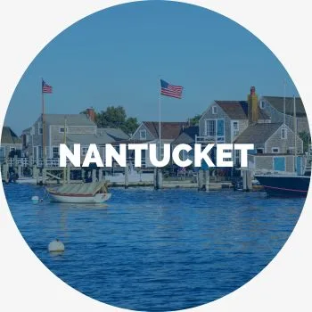 A circle image with a photo of homes along the water and Nantucket in bold capital letters